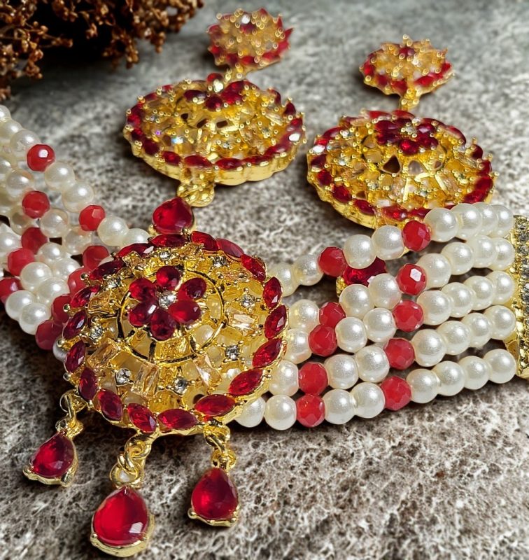 pearl choker necklace with red ruby