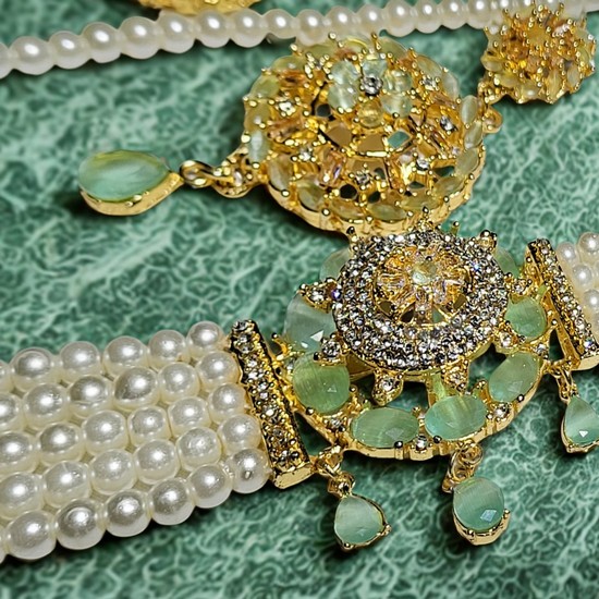 Grand Mint Green & Pearl Kundan Choker Set