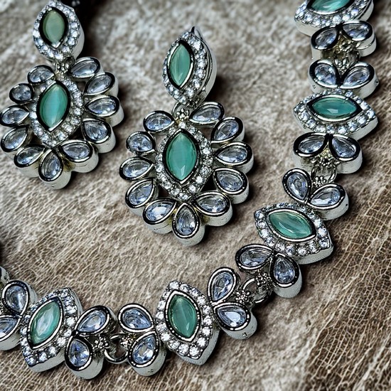 Mint Green & Silver Kundan Style Necklace Set