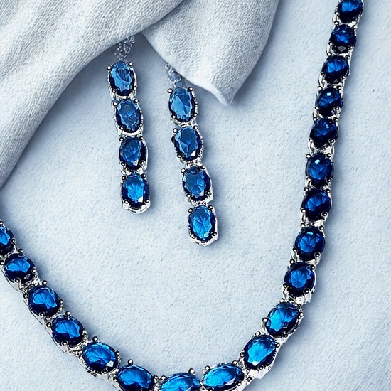 Royal Blue Oval Stone & Silver Statement Necklace Set