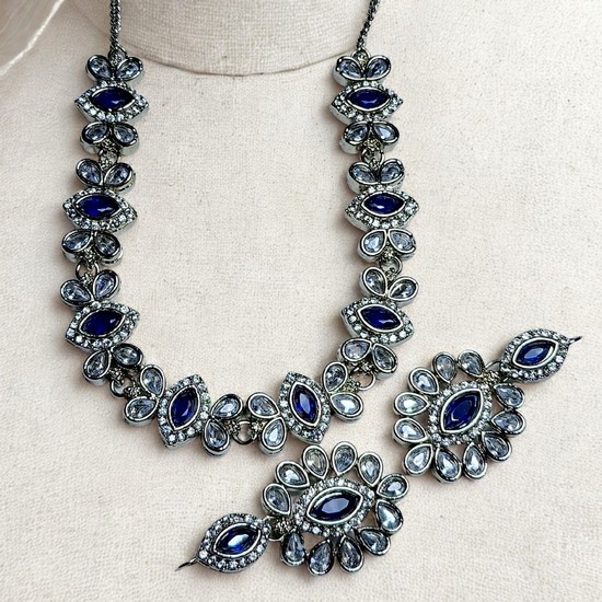 Sapphire Blue & Silver Oxidized Necklace Set