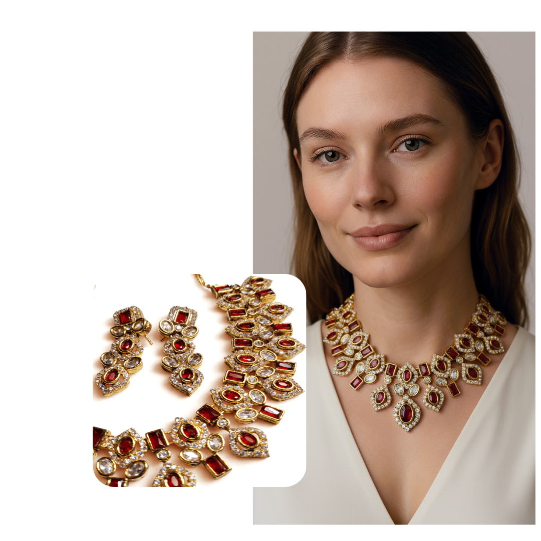 Red & Gold Kundan Imitation Jewelry Set