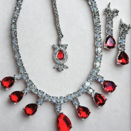 Red & White CZ Necklace set with earrings and maang tika
