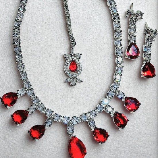 Red & White CZ Necklace set with earrings and maang tika