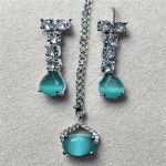 Green Cats Eye & CZ Earrings & Maang Tikka Set