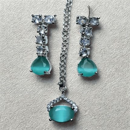 Green Cats Eye & CZ Earrings & Maang Tikka Set
