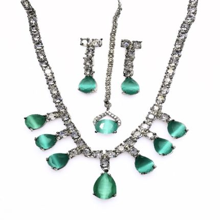 Green Cats Eye & CZ Necklace, Earrings & Maang Tikka Set
