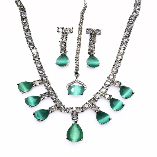 Green Cats Eye & CZ Necklace, Earrings & Maang Tikka Set